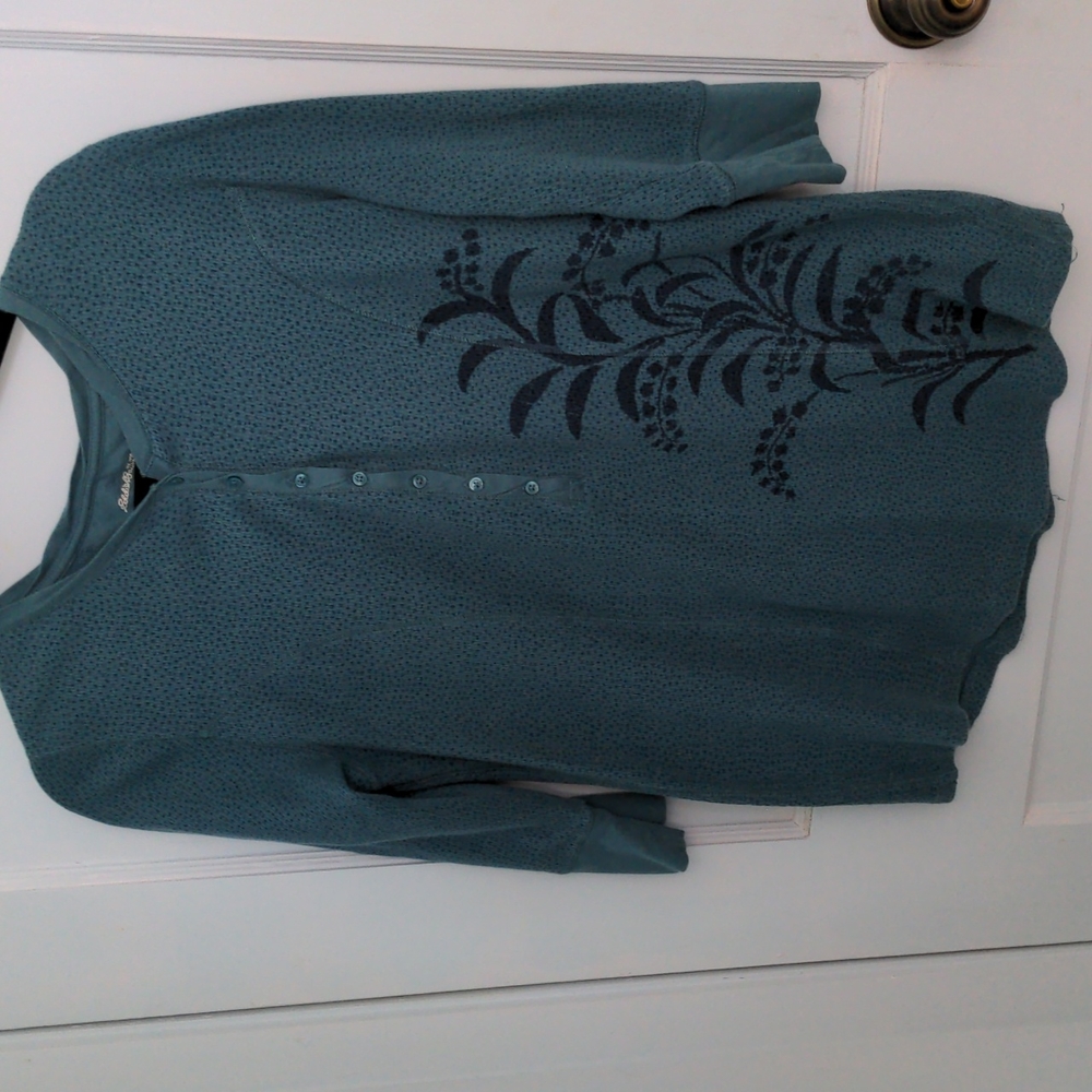 Eddie Bauer Size L 100% Cotton Teal with Flower Design Three Quarter Sleeves